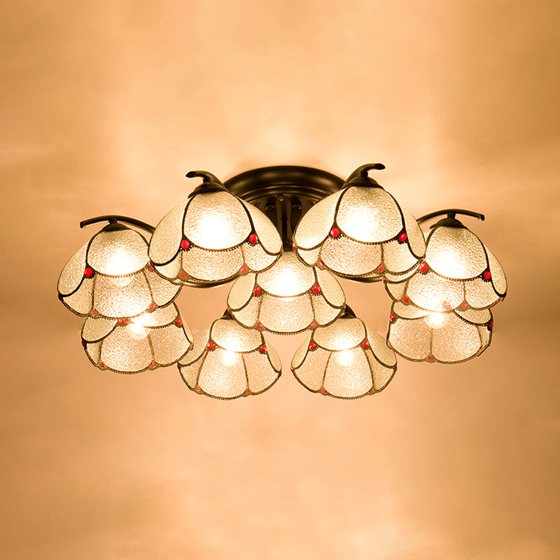 Stained Glass Scalloped Ceiling Fixture Mediterranean 3/6/7 Heads Black Semi Flush Mount Lighting 9 Black Clearhalo 'Ceiling Lights' 'Close To Ceiling Lights' 'Close to ceiling' 'Glass shade' 'Glass' 'Semi-flushmount' 'Tiffany close to ceiling' 'Tiffany' Lighting' 315917