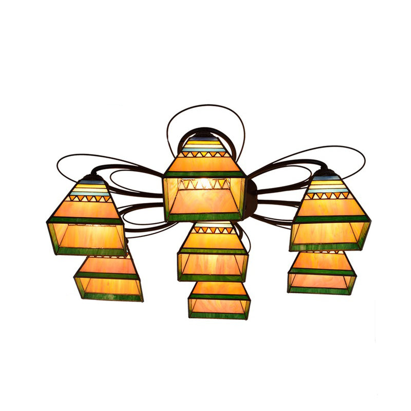 Orange Pyramid Ceiling Mounted Fixture Tiffany 3/7/8 Heads Handcrafted Art Glass Semi Flush Light 7 Orange Clearhalo 'Ceiling Lights' 'Close To Ceiling Lights' 'Close to ceiling' 'Glass shade' 'Glass' 'Semi-flushmount' 'Tiffany close to ceiling' 'Tiffany' Lighting' 315938