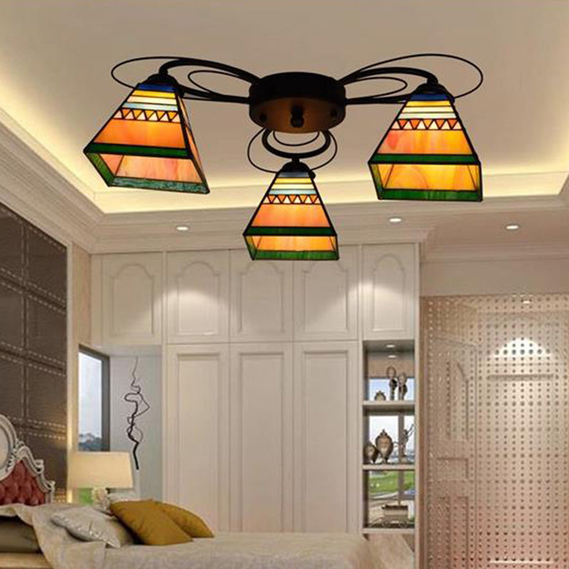 Orange Pyramid Ceiling Mounted Fixture Tiffany 3/7/8 Heads Handcrafted Art Glass Semi Flush Light 3 Orange Clearhalo 'Ceiling Lights' 'Close To Ceiling Lights' 'Close to ceiling' 'Glass shade' 'Glass' 'Semi-flushmount' 'Tiffany close to ceiling' 'Tiffany' Lighting' 315939