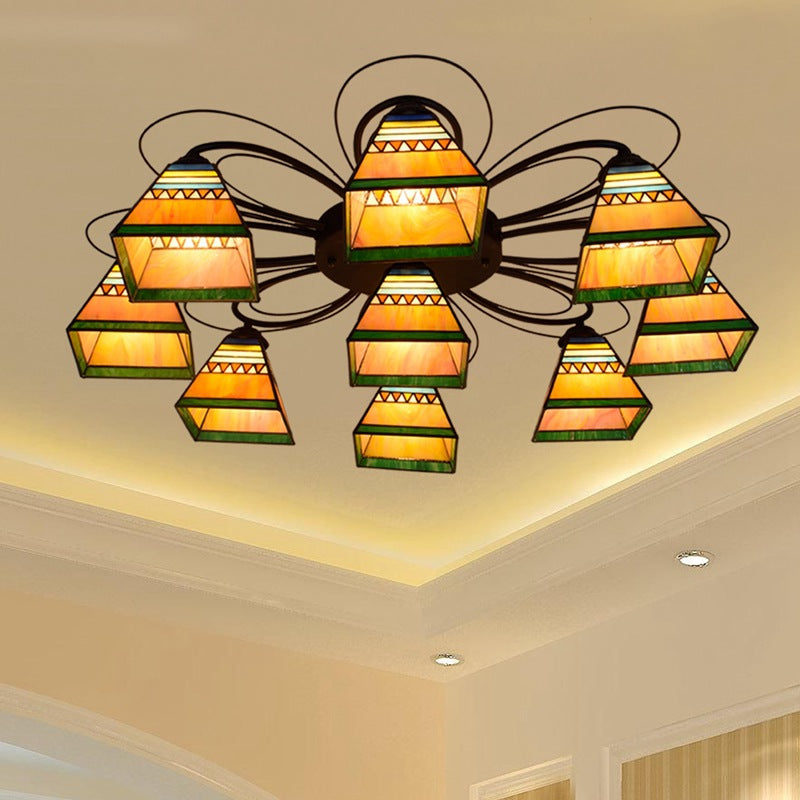 Orange Pyramid Ceiling Mounted Fixture Tiffany 3/7/8 Heads Handcrafted Art Glass Semi Flush Light 9 Orange Clearhalo 'Ceiling Lights' 'Close To Ceiling Lights' 'Close to ceiling' 'Glass shade' 'Glass' 'Semi-flushmount' 'Tiffany close to ceiling' 'Tiffany' Lighting' 315940