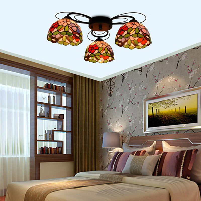 Orange Peony Ceiling Light Tiffany 3/7/9 Heads Multicolored Stained Glass Semi Flush Mount Lighting 3 Orange Clearhalo 'Ceiling Lights' 'Close To Ceiling Lights' 'Close to ceiling' 'Glass shade' 'Glass' 'Semi-flushmount' 'Tiffany close to ceiling' 'Tiffany' Lighting' 315954