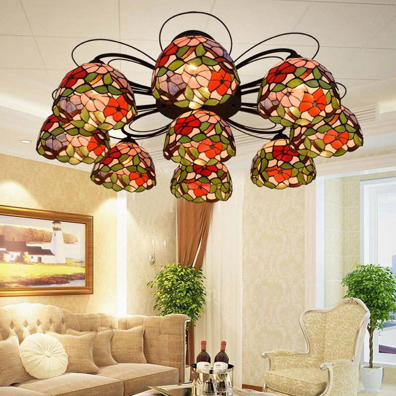 Orange Peony Ceiling Light Tiffany 3/7/9 Heads Multicolored Stained Glass Semi Flush Mount Lighting 9 Orange Clearhalo 'Ceiling Lights' 'Close To Ceiling Lights' 'Close to ceiling' 'Glass shade' 'Glass' 'Semi-flushmount' 'Tiffany close to ceiling' 'Tiffany' Lighting' 315955