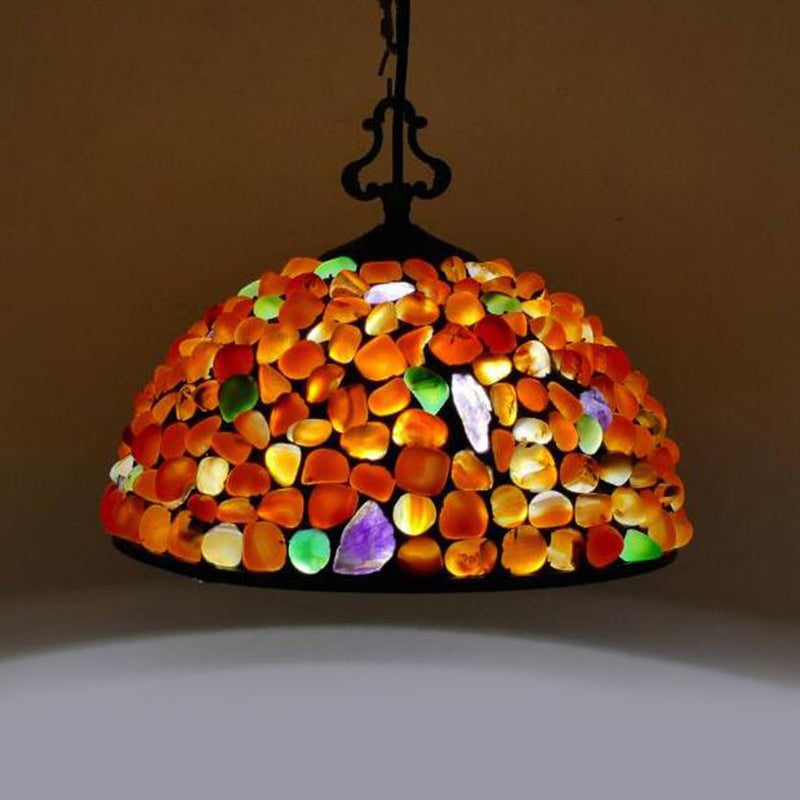 1 Light Dome Hanging Light Fixture Mediterranean Black Colorful Stone Suspension Pendant Multi-Color 12