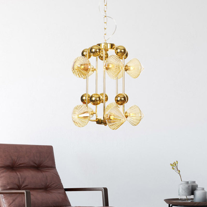 Tapered Hanging Chandelier Contemporary Amber Glass 10 Heads Living Room Ceiling Pendant Light Clearhalo 'Ceiling Lights' 'Chandeliers' 'Glass shade' 'Glass' 'Modern Chandeliers' 'Modern' Lighting' 316167