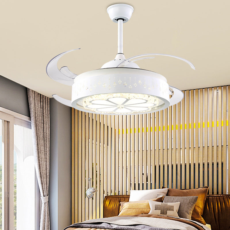 Faceted Crystal Flower Ceiling Fan Light Modern Style White Carved LED Semi Flush Lamp White Clearhalo 'Ceiling Fans with Lights' 'Ceiling Fans' 'Modern Ceiling Fans' 'Modern' Lighting' 316350