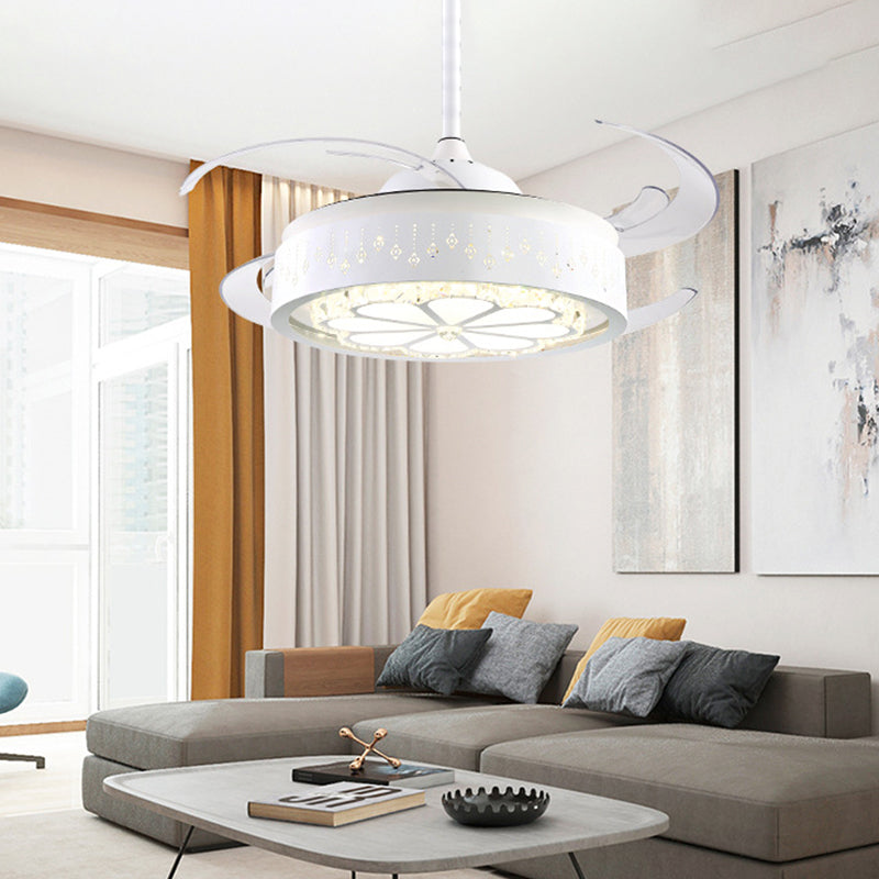 Faceted Crystal Flower Ceiling Fan Light Modern Style White Carved LED Semi Flush Lamp Clearhalo 'Ceiling Fans with Lights' 'Ceiling Fans' 'Modern Ceiling Fans' 'Modern' Lighting' 316352