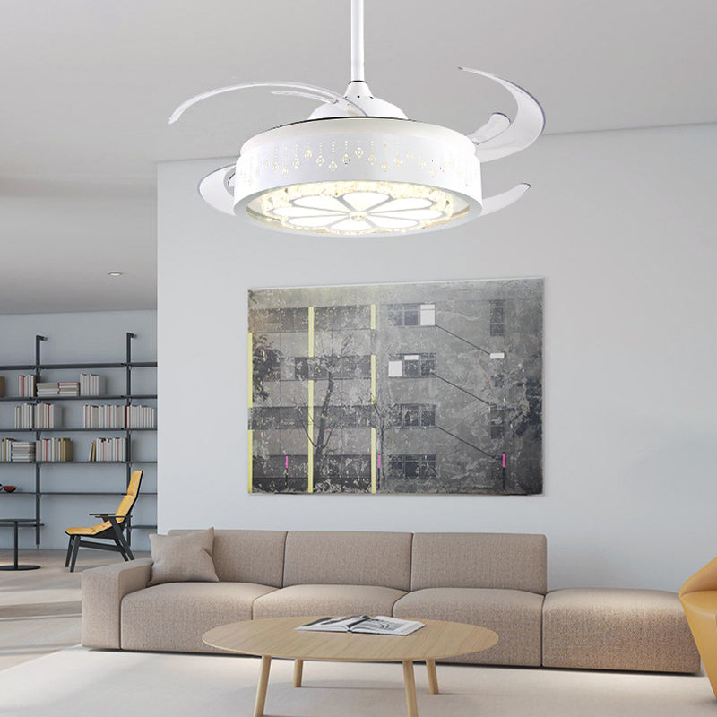 Faceted Crystal Flower Ceiling Fan Light Modern Style White Carved LED Semi Flush Lamp Clearhalo 'Ceiling Fans with Lights' 'Ceiling Fans' 'Modern Ceiling Fans' 'Modern' Lighting' 316353