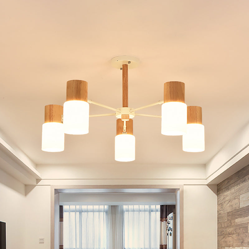 Tubular Semi Flush Light Chinese Wood 5/8 Bulbs Beige Close to Ceiling Lighting for Living Room 5 Wood Clearhalo 'Ceiling Lights' 'Close To Ceiling Lights' 'Close to ceiling' 'Semi-flushmount' Lighting' 316411