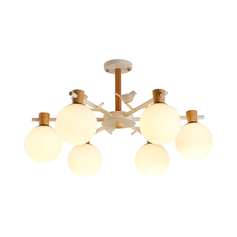 White Glass Sphere Hanging Chandelier Asian 6/8 Bulbs Pendant Lighting Fixture with Bird Clearhalo 'Ceiling Lights' 'Chandeliers' 'Close To Ceiling Lights' 'Glass shade' 'Glass' Lighting' 316424