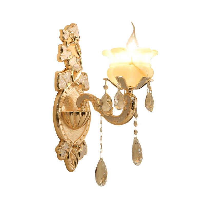 Traditional Candle Wall Mount Lamp 1/2 Heads White Glass Wall Sconce Lighting in Brass with Crystal Draping Clearhalo 'Wall Lamps & Sconces' 'Wall Lights' Lighting' 316805