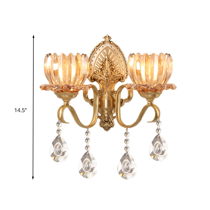 Gold 1/2 Bulbs Wall Lamp Retro Amber Glass Blossom Wall Mount Light with Clear Crystal Drop for Living Room Clearhalo 'Wall Lamps & Sconces' 'Wall Lights' Lighting' 317200