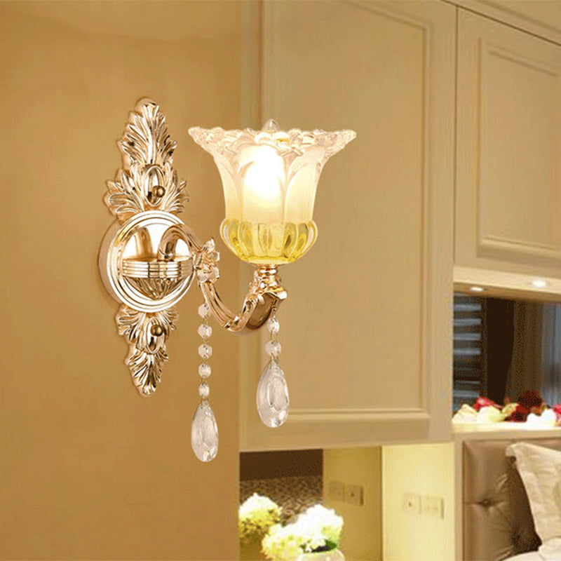 1/2 Heads Frosted Glass Wall Sconce Traditionalist Gold Flower Living Room Wall Mounted Light with Crystal Draping Clearhalo 'Wall Lamps & Sconces' 'Wall Lights' Lighting' 317248