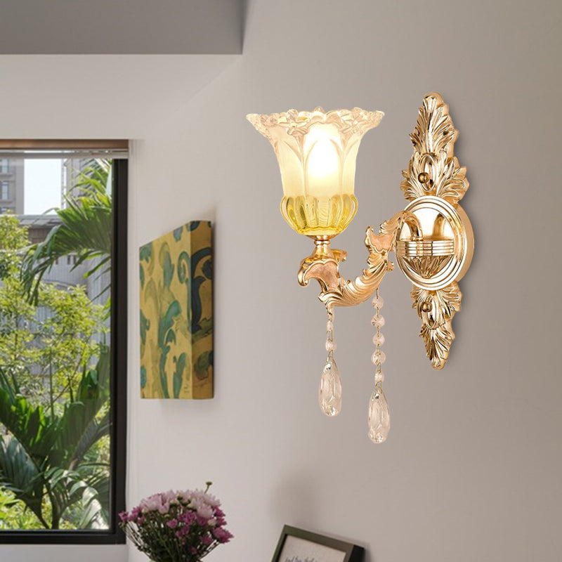 1/2 Heads Frosted Glass Wall Sconce Traditionalist Gold Flower Living Room Wall Mounted Light with Crystal Draping 1.0 Gold Clearhalo 'Wall Lamps & Sconces' 'Wall Lights' Lighting' 317249