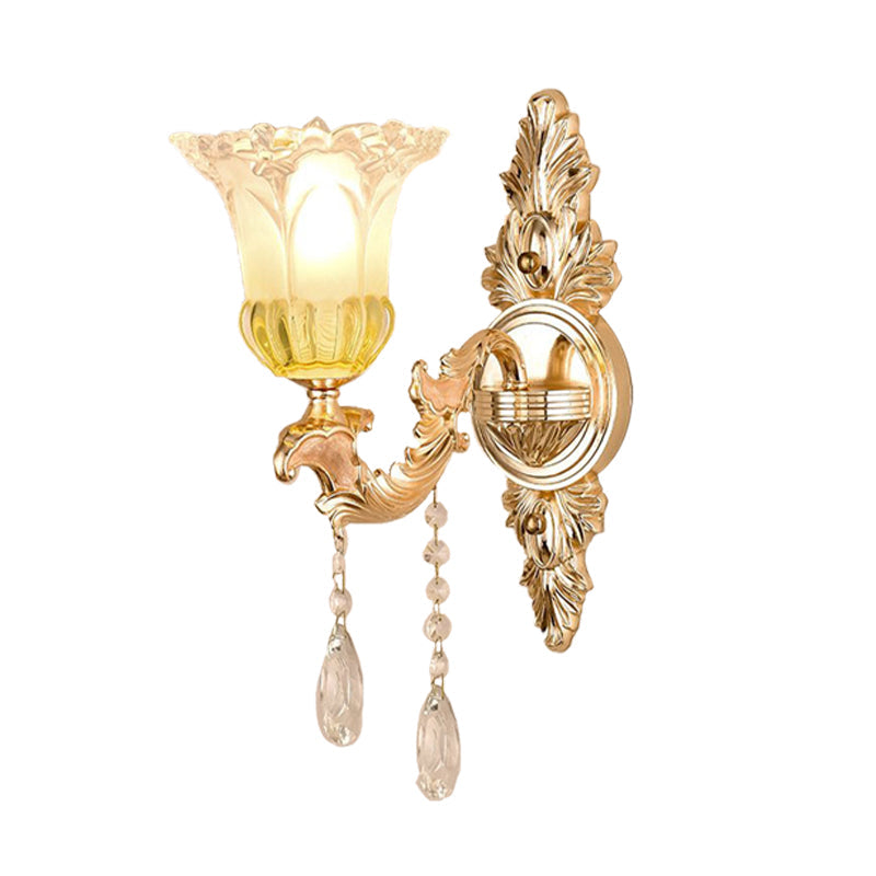 1/2 Heads Frosted Glass Wall Sconce Traditionalist Gold Flower Living Room Wall Mounted Light with Crystal Draping Clearhalo 'Wall Lamps & Sconces' 'Wall Lights' Lighting' 317250