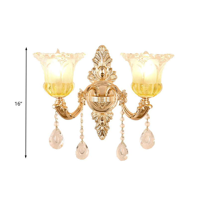 1/2 Heads Frosted Glass Wall Sconce Traditionalist Gold Flower Living Room Wall Mounted Light with Crystal Draping Clearhalo 'Wall Lamps & Sconces' 'Wall Lights' Lighting' 317253