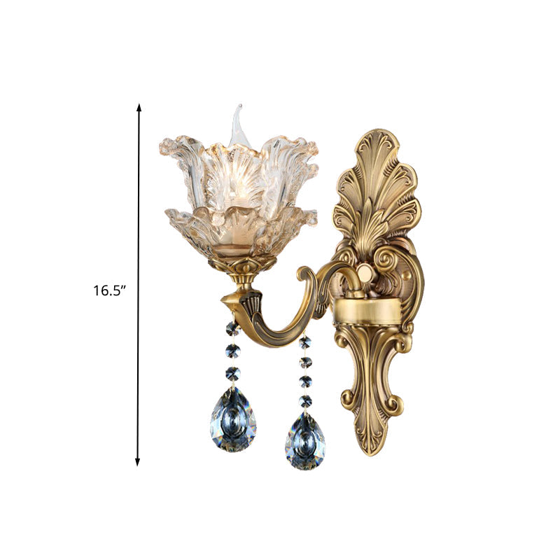 Brass Curved Arm Metal Sconce Retro Faceted Crystal 1/2 Lights Living Room Wall Sconce Lighting Clearhalo 'Wall Lamps & Sconces' 'Wall Lights' Lighting' 317263