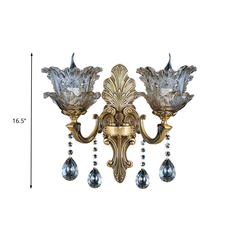 Brass Curved Arm Metal Sconce Retro Faceted Crystal 1/2 Lights Living Room Wall Sconce Lighting Clearhalo 'Wall Lamps & Sconces' 'Wall Lights' Lighting' 317267