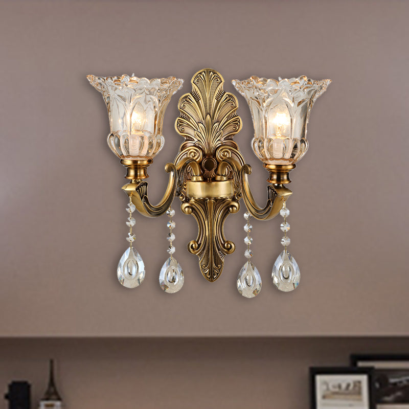 K9 Crystal Brass Wall Lighting Flower 1/2 Bulbs Traditional Wall Sconce Light with Clear Glass Shade Clearhalo 'Wall Lamps & Sconces' 'Wall Lights' Lighting' 317302