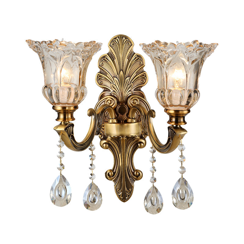 K9 Crystal Brass Wall Lighting Flower 1/2 Bulbs Traditional Wall Sconce Light with Clear Glass Shade Clearhalo 'Wall Lamps & Sconces' 'Wall Lights' Lighting' 317304