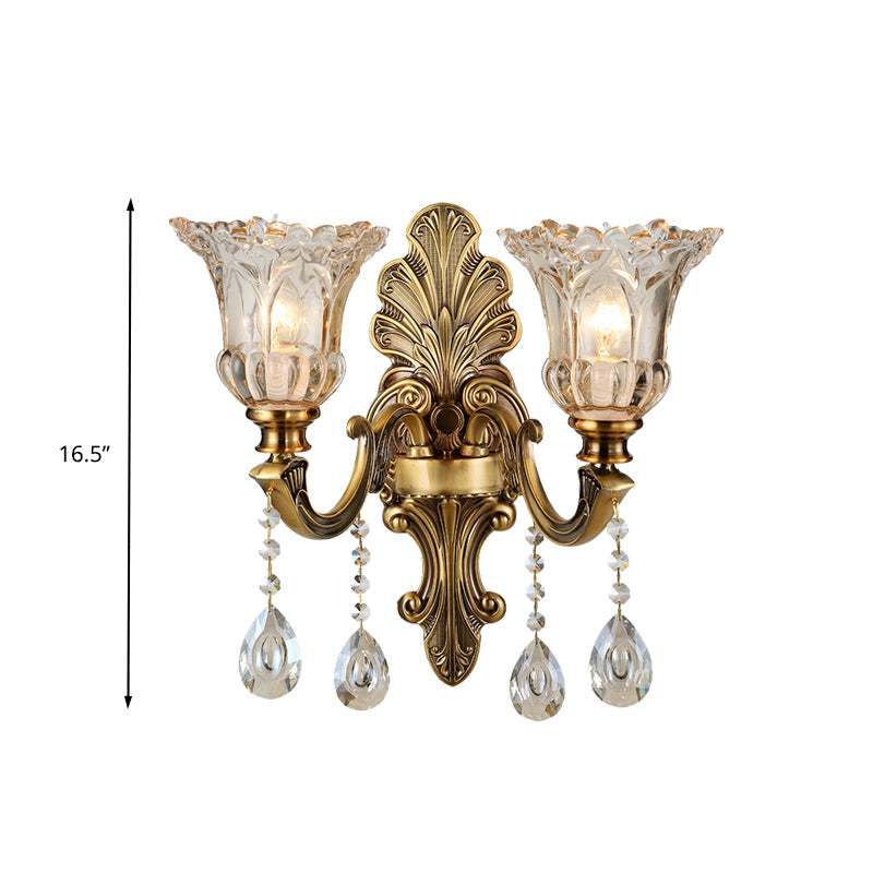 K9 Crystal Brass Wall Lighting Flower 1/2 Bulbs Traditional Wall Sconce Light with Clear Glass Shade Clearhalo 'Wall Lamps & Sconces' 'Wall Lights' Lighting' 317305