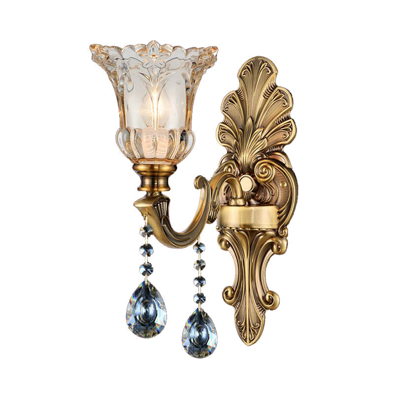 K9 Crystal Brass Wall Lighting Flower 1/2 Bulbs Traditional Wall Sconce Light with Clear Glass Shade 1.0 Brass Clearhalo 'Wall Lamps & Sconces' 'Wall Lights' Lighting' 317306