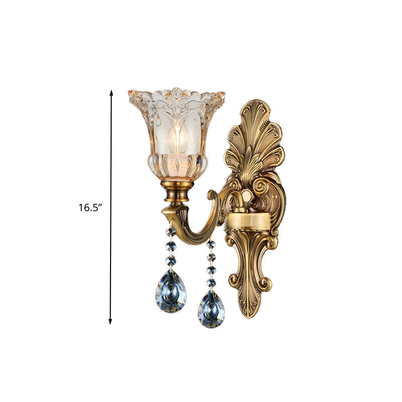 K9 Crystal Brass Wall Lighting Flower 1/2 Bulbs Traditional Wall Sconce Light with Clear Glass Shade Clearhalo 'Wall Lamps & Sconces' 'Wall Lights' Lighting' 317307