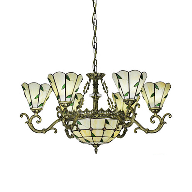 Beige Glass Green Chandelier Leaf 5/9/11 Lights Baroque Suspension Lighting Fixture for Kitchen Clearhalo 'Ceiling Lights' 'Chandeliers' 'Industrial' 'Middle Century Chandeliers' 'Tiffany Chandeliers' 'Tiffany close to ceiling' 'Tiffany' Lighting' 317392