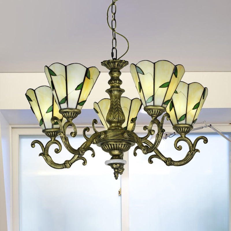 Beige Glass Green Chandelier Leaf 5/9/11 Lights Baroque Suspension Lighting Fixture for Kitchen 5 Green Clearhalo 'Ceiling Lights' 'Chandeliers' 'Industrial' 'Middle Century Chandeliers' 'Tiffany Chandeliers' 'Tiffany close to ceiling' 'Tiffany' Lighting' 317394