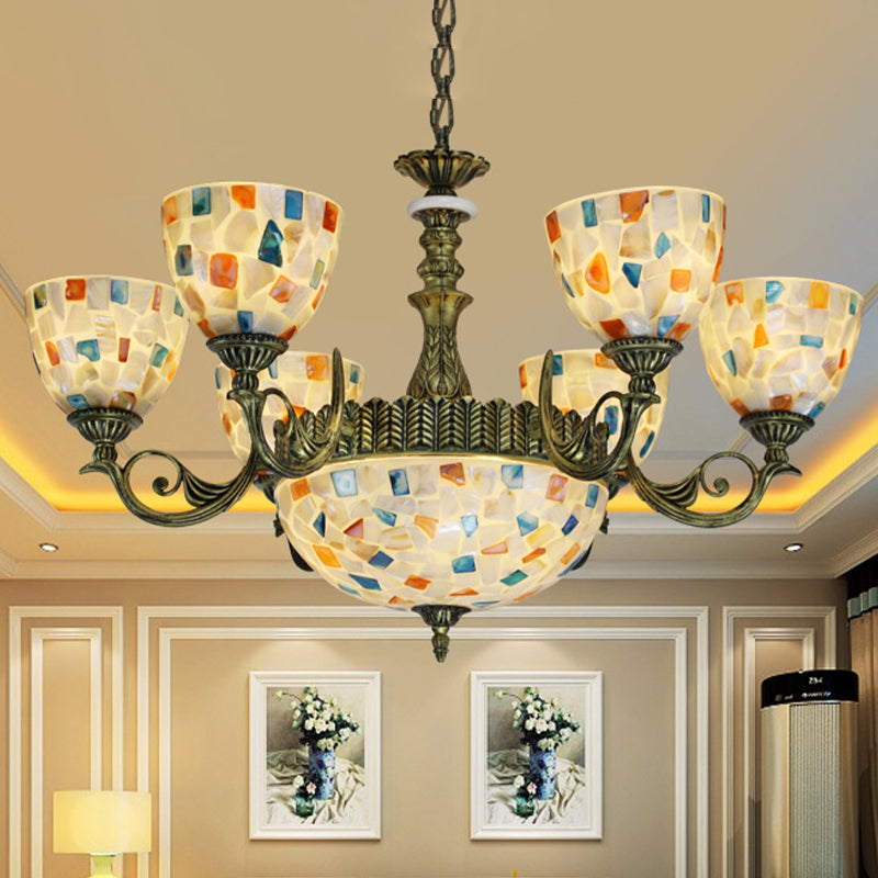 White 5/9/11 Lights Ceiling Chandelier Mediterranean Shell Mosaic Pendant Lighting Fixture 9 White Clearhalo 'Ceiling Lights' 'Chandeliers' 'Industrial' 'Middle Century Chandeliers' 'Tiffany Chandeliers' 'Tiffany close to ceiling' 'Tiffany' Lighting' 317446