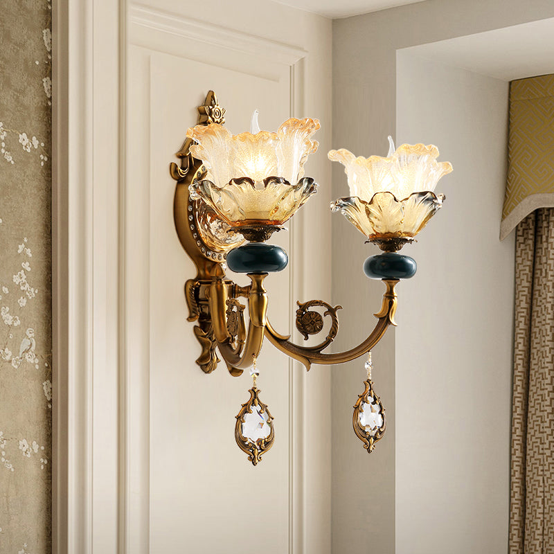 Traditionalist Floral Wall Mount Lamp 1/2 Heads Metal Wall Sconce Lighting in Gold with Crystal Accent Clearhalo 'Wall Lamps & Sconces' 'Wall Lights' Lighting' 317515