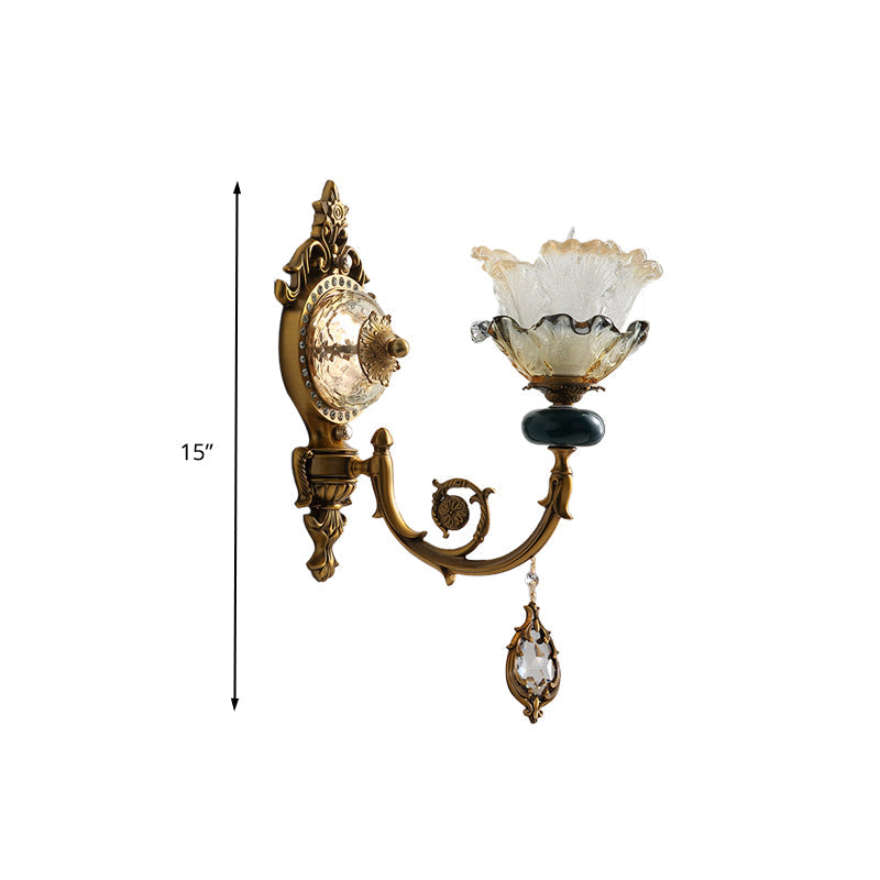 Traditionalist Floral Wall Mount Lamp 1/2 Heads Metal Wall Sconce Lighting in Gold with Crystal Accent Clearhalo 'Wall Lamps & Sconces' 'Wall Lights' Lighting' 317522