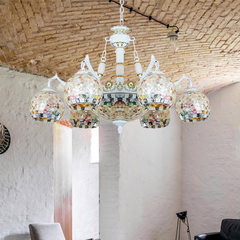 White Mosaic Pendant Chandelier Tiffany 5/9/11 Lights Shell Ceiling Suspension Lamp for Living Room 9 White Clearhalo 'Ceiling Lights' 'Chandeliers' 'Industrial' 'Middle Century Chandeliers' 'Tiffany Chandeliers' 'Tiffany close to ceiling' 'Tiffany' Lighting' 317528