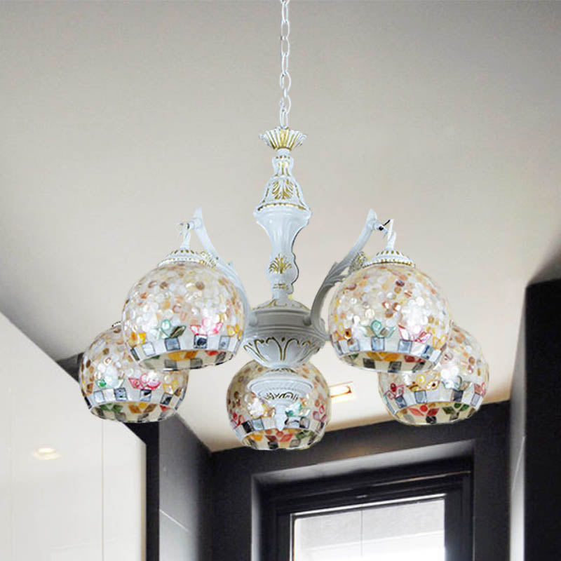 White Mosaic Pendant Chandelier Tiffany 5/9/11 Lights Shell Ceiling Suspension Lamp for Living Room 5 White Clearhalo 'Ceiling Lights' 'Chandeliers' 'Industrial' 'Middle Century Chandeliers' 'Tiffany Chandeliers' 'Tiffany close to ceiling' 'Tiffany' Lighting' 317532