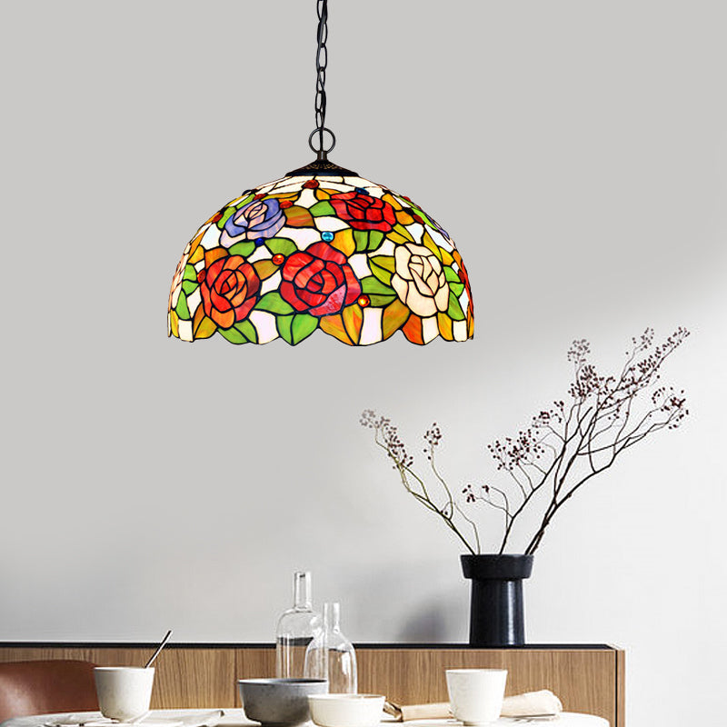 1/2 Lights Rose Hanging Chandelier Tiffany Style Red/Green Stained Glass Pendant Lamp, 12