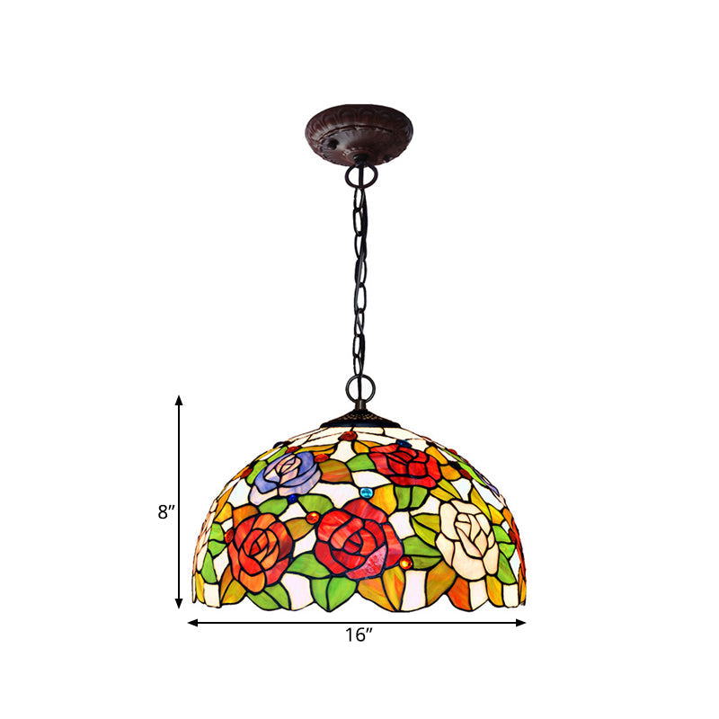 1/2 Lights Rose Hanging Chandelier Tiffany Style Red/Green Stained Glass Pendant Lamp, 12