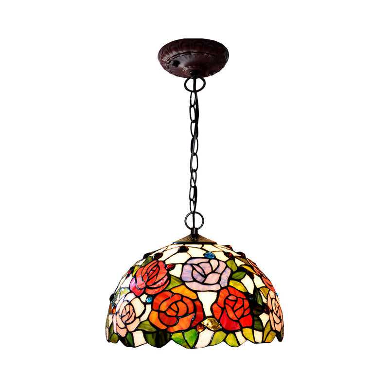 1/2 Lights Rose Hanging Chandelier Tiffany Style Red/Green Stained Glass Pendant Lamp, 12