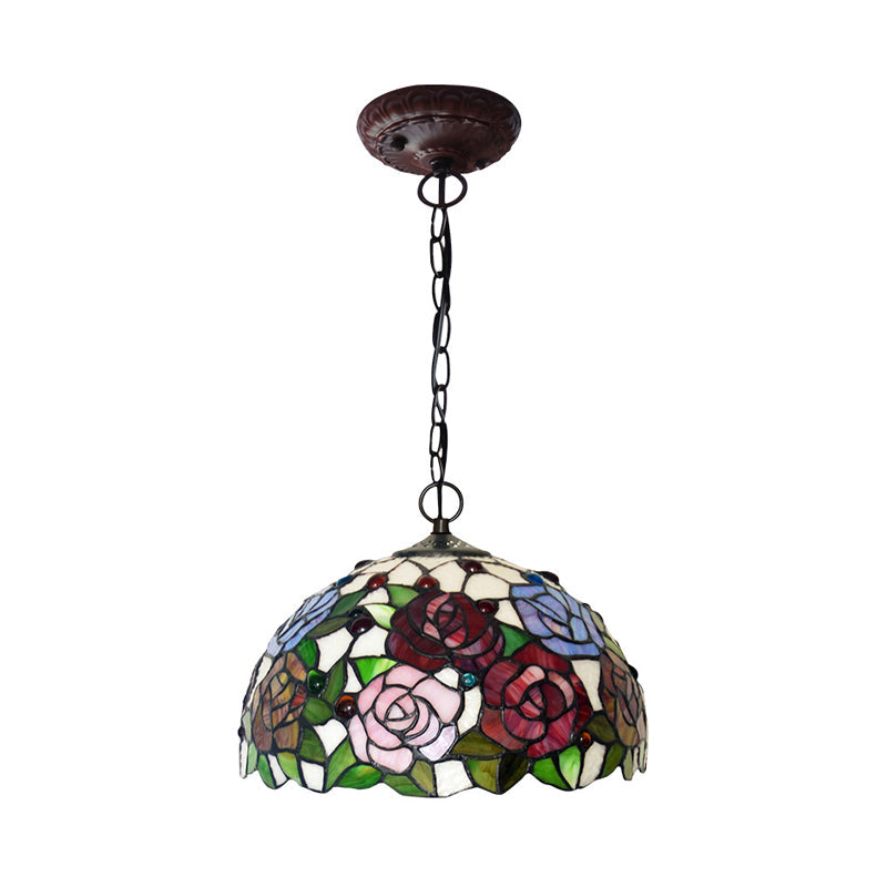 1/2 Lights Rose Hanging Chandelier Tiffany Style Red/Green Stained Glass Pendant Lamp, 12