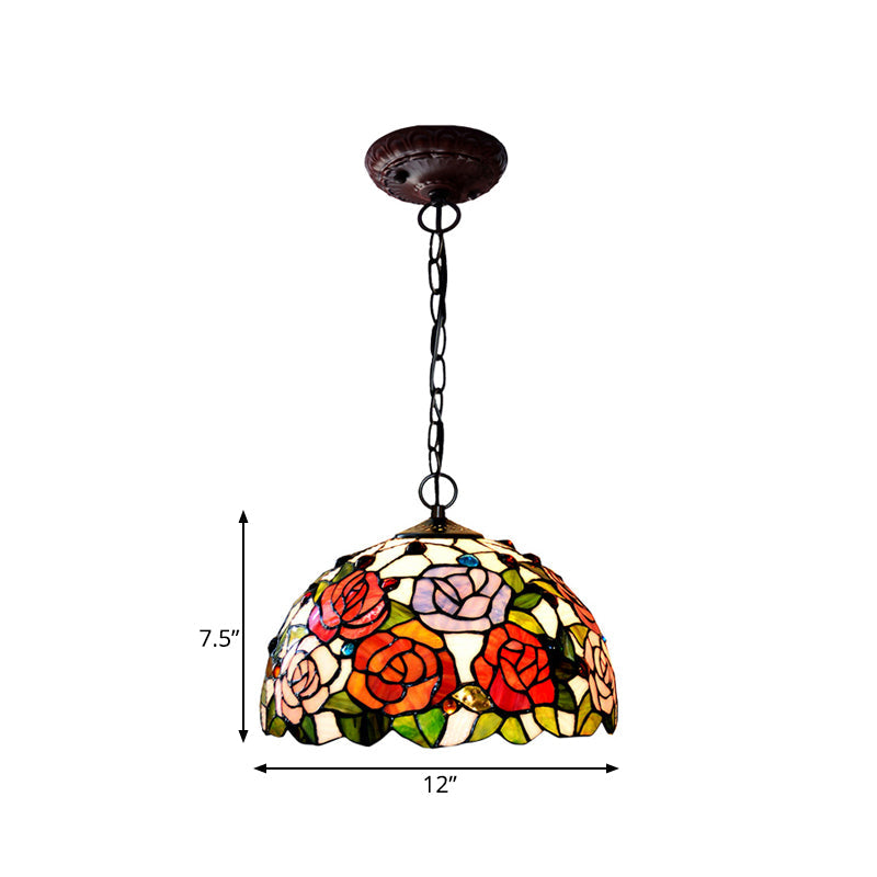 1/2 Lights Rose Hanging Chandelier Tiffany Style Red/Green Stained Glass Pendant Lamp, 12