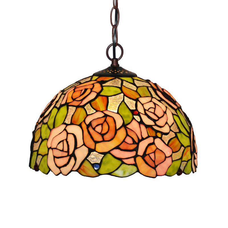 1/2 Lights Rose Hanging Chandelier Tiffany Style Red/Green Stained Glass Pendant Lamp, 12