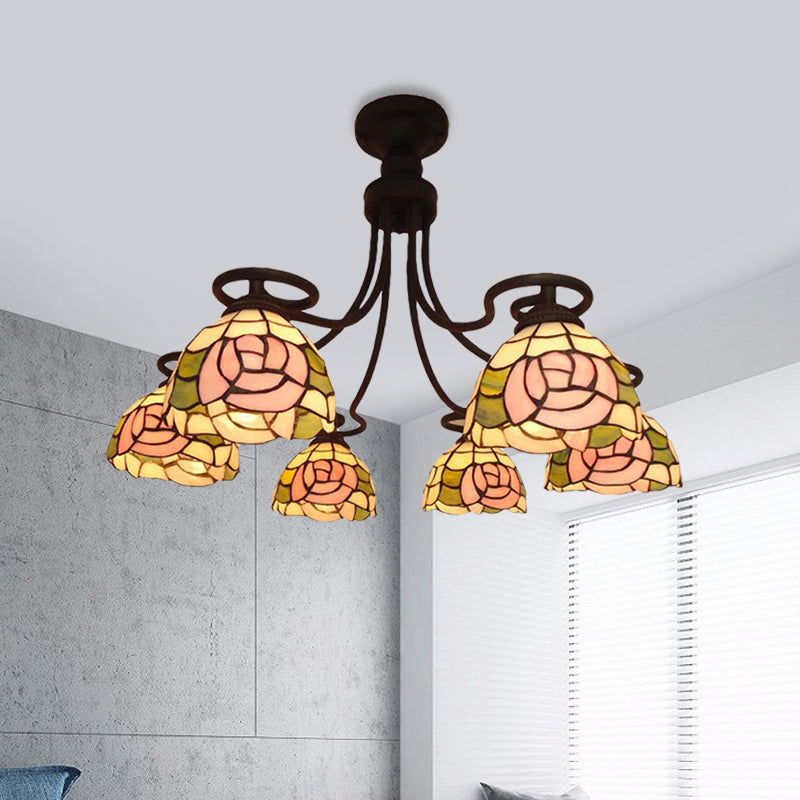 6 Lights Rose Semi Flush Mount Lighting Tiffany Pink Cut Glass Ceiling Light Fixture for Bedroom Pink Clearhalo 'Ceiling Lights' 'Chandeliers' 'Close To Ceiling Lights' 'Close to ceiling' 'Glass shade' 'Glass' 'Semi-flushmount' 'Tiffany close to ceiling' 'Tiffany' Lighting' 317874