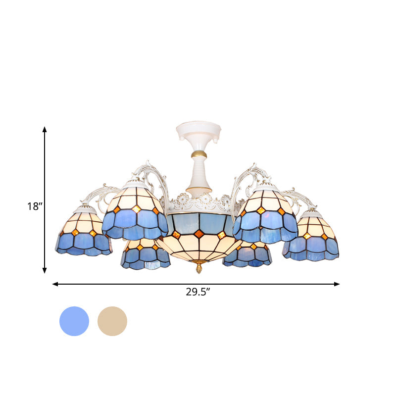 Domed Semi-Flush Ceiling Light Baroque White/Blue/Textured Silver Glass 9 Lights Lighting Fixture for Bedroom Clearhalo 'Ceiling Lights' 'Close To Ceiling Lights' 'Close to ceiling' 'Glass shade' 'Glass' 'Semi-flushmount' 'Tiffany close to ceiling' 'Tiffany' Lighting' 317898