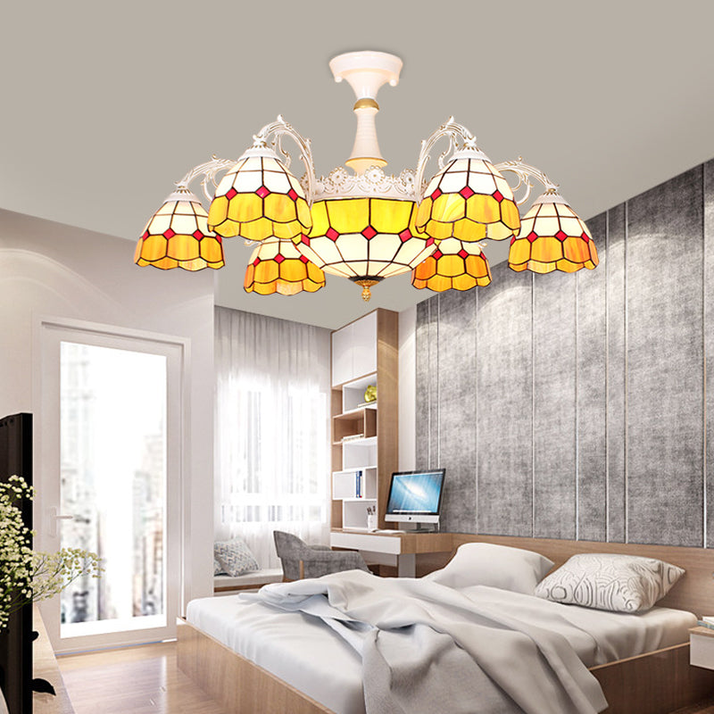 9 Lights Semi Flush Baroque Grid Patterned Blue/Orange/Light Blue Cut Glass Ceiling Light for Living Room Orange Clearhalo 'Ceiling Lights' 'Chandeliers' 'Close To Ceiling Lights' 'Close to ceiling' 'Glass shade' 'Glass' 'Semi-flushmount' Lighting' 317901