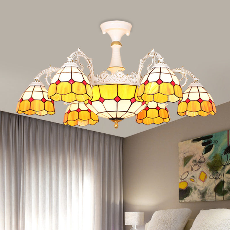 9 Lights Semi Flush Baroque Grid Patterned Blue/Orange/Light Blue Cut Glass Ceiling Light for Living Room Clearhalo 'Ceiling Lights' 'Chandeliers' 'Close To Ceiling Lights' 'Close to ceiling' 'Glass shade' 'Glass' 'Semi-flushmount' Lighting' 317902