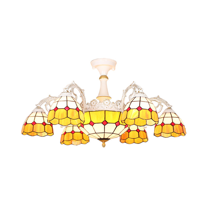 9 Lights Semi Flush Baroque Grid Patterned Blue/Orange/Light Blue Cut Glass Ceiling Light for Living Room Clearhalo 'Ceiling Lights' 'Chandeliers' 'Close To Ceiling Lights' 'Close to ceiling' 'Glass shade' 'Glass' 'Semi-flushmount' Lighting' 317903