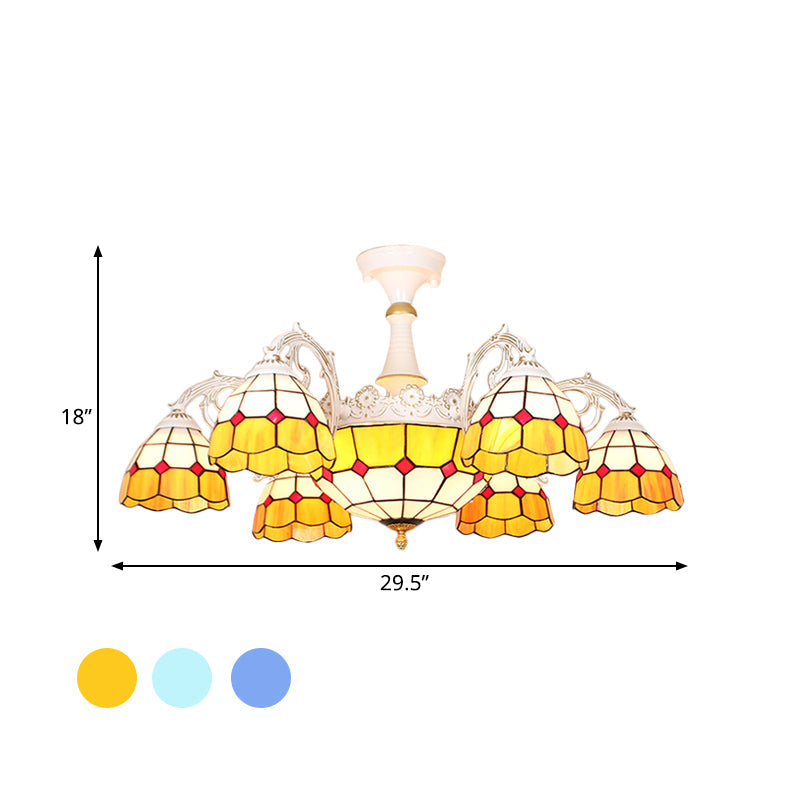 9 Lights Semi Flush Baroque Grid Patterned Blue/Orange/Light Blue Cut Glass Ceiling Light for Living Room Clearhalo 'Ceiling Lights' 'Chandeliers' 'Close To Ceiling Lights' 'Close to ceiling' 'Glass shade' 'Glass' 'Semi-flushmount' Lighting' 317905