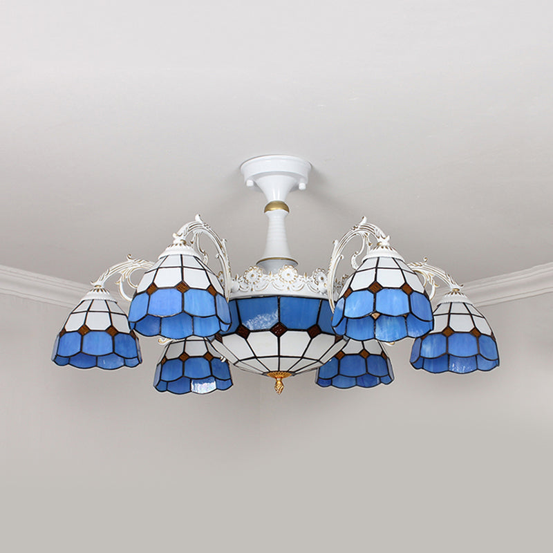 9 Lights Semi Flush Baroque Grid Patterned Blue/Orange/Light Blue Cut Glass Ceiling Light for Living Room Blue Clearhalo 'Ceiling Lights' 'Chandeliers' 'Close To Ceiling Lights' 'Close to ceiling' 'Glass shade' 'Glass' 'Semi-flushmount' Lighting' 317907