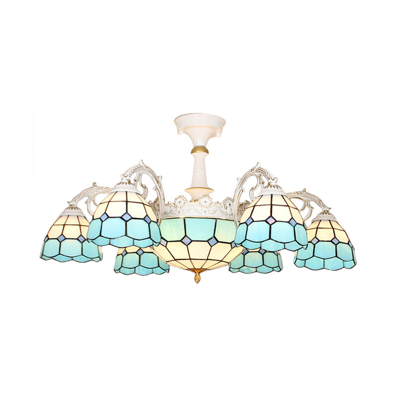 9 Lights Semi Flush Baroque Grid Patterned Blue/Orange/Light Blue Cut Glass Ceiling Light for Living Room Light Blue Clearhalo 'Ceiling Lights' 'Chandeliers' 'Close To Ceiling Lights' 'Close to ceiling' 'Glass shade' 'Glass' 'Semi-flushmount' Lighting' 317908