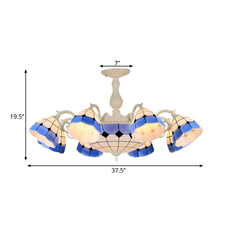 9/14 Lights Semi Flush Light Fixture Tiffany-Style Grid Patterned Blue Cut Glass Ceiling Lamp for Living Room Clearhalo 'Ceiling Lights' 'Close To Ceiling Lights' 'Close to ceiling' 'Glass shade' 'Glass' 'Semi-flushmount' 'Tiffany close to ceiling' 'Tiffany' Lighting' 317924