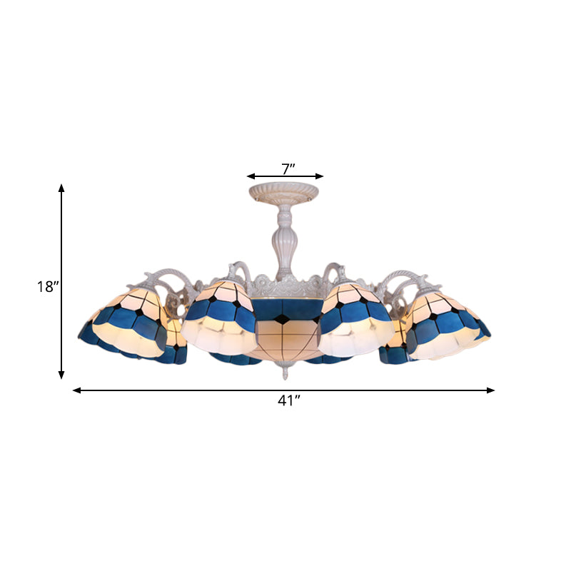 9/14 Lights Semi Flush Light Fixture Tiffany-Style Grid Patterned Blue Cut Glass Ceiling Lamp for Living Room Clearhalo 'Ceiling Lights' 'Close To Ceiling Lights' 'Close to ceiling' 'Glass shade' 'Glass' 'Semi-flushmount' 'Tiffany close to ceiling' 'Tiffany' Lighting' 317927