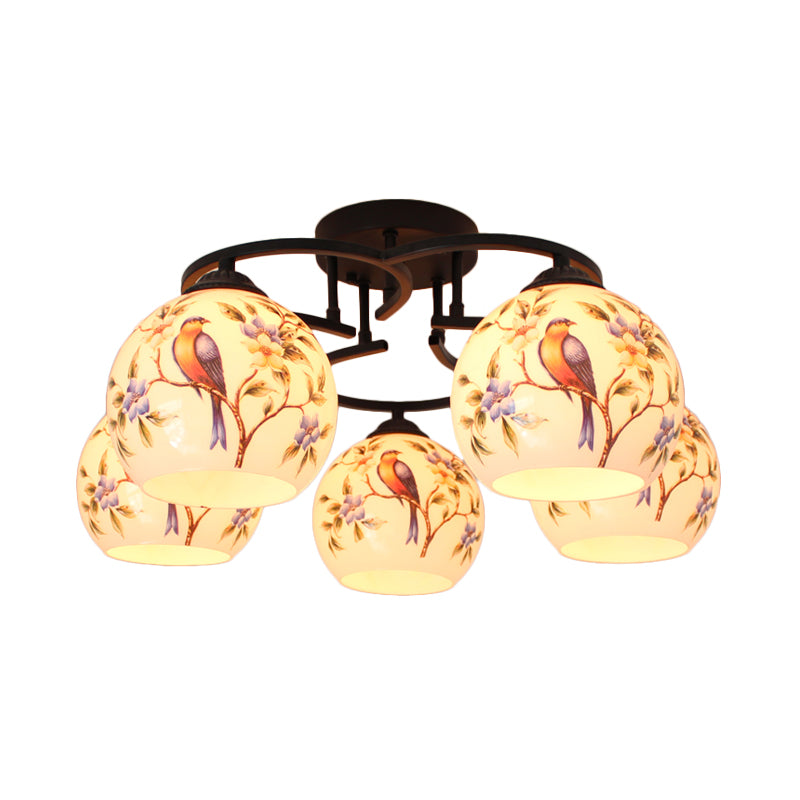 Mediterranean Globe Semi Flush Lighting 5 Lights White Cut Glass Ceiling Lamp with Flower/Bird/Butterfly Pattern White Flower Clearhalo 'Ceiling Lights' 'Close To Ceiling Lights' 'Close to ceiling' 'Glass shade' 'Glass' 'Semi-flushmount' 'Tiffany close to ceiling' 'Tiffany' Lighting' 317972